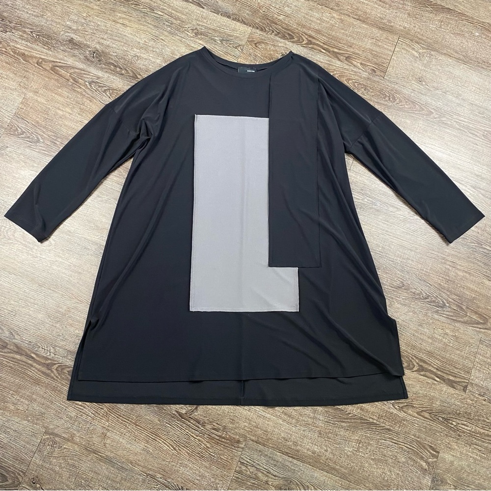 Sun Kim Tunic Dress Women 1X Black Grey Lagenlook Colorblock Slinky Balloon